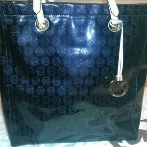 Michael Kors Black Patent Leather MK logo Tote Bag