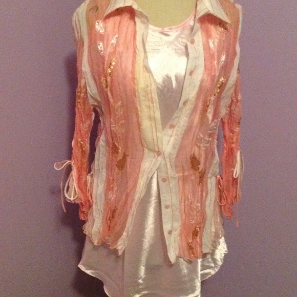 Crinkle style sheer shimmery pink summer blouse