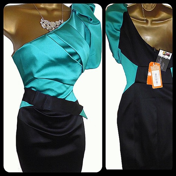 Exquisite Karen Millen teal and black satin dress - Picture 2 of 3