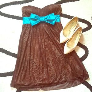 Leopard Print Strapless Dress with Teal Bow