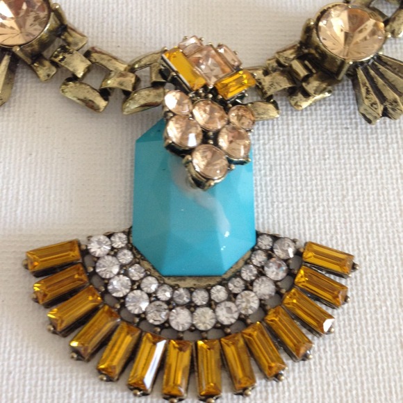 Jeweled fan turquoise statement necklace crystals - Picture 4 of 4