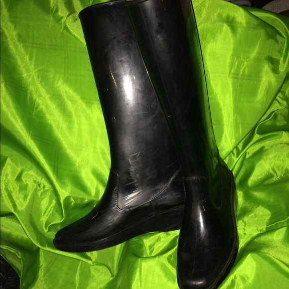 Fendi Black Knee High Wedge Heel Rain Boots