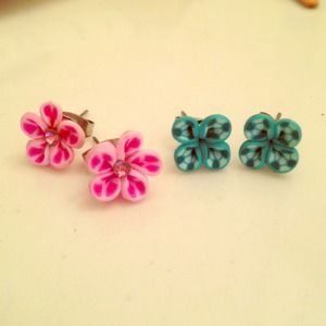 Pink and turquoise flower earring studs