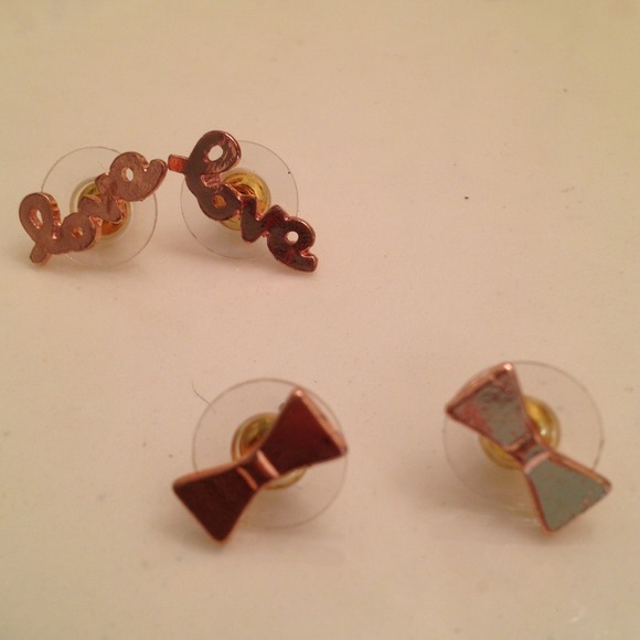 Pink Bow tie stud and cursive "love" stud earrings