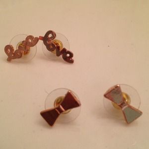 Pink Bow tie stud and cursive "love" stud earrings