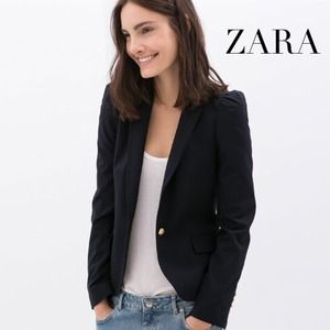 ZARA. Dark navy blazer with gathered shoulders.