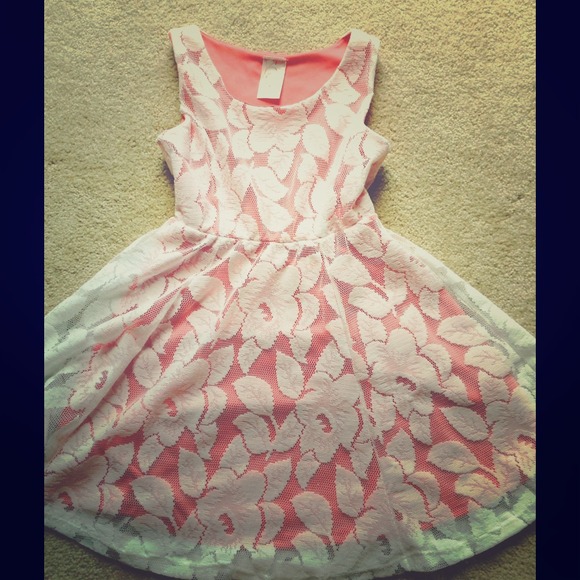 Coral dress with lace overlay