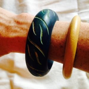 Wooden bangle bracelets.  Tan and blue.