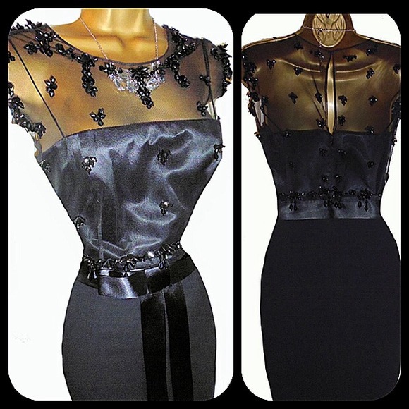 Phase Eight black satin chiffon beaded dress - Picture 2 of 4