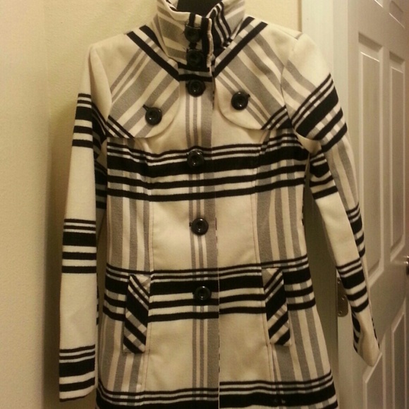 Black, white, and grey trench coat.