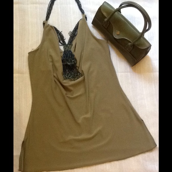 💕Green Top with Beaded Necklace & Beaded Halter - Picture 1 of 4