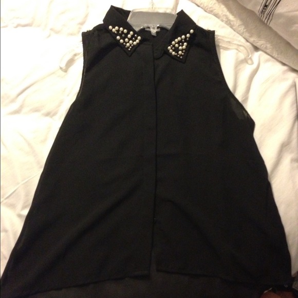 Black sheer tank top with embellished collar