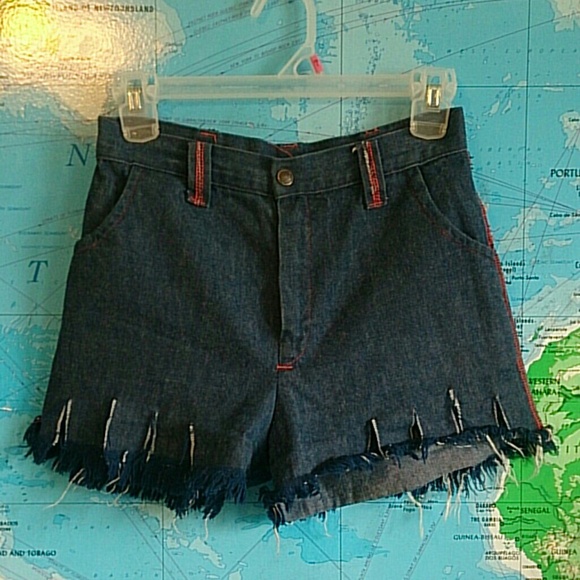 Vintage High Waisted Denim Fringe Shorts - Picture 1 of 4