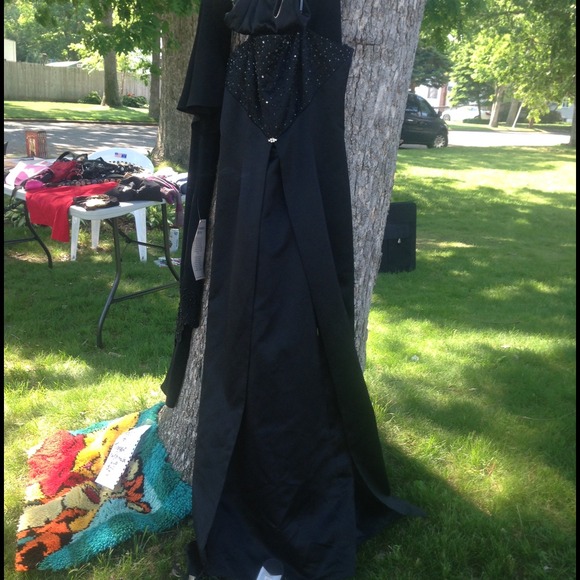 Floor length black prom dress with matching purse