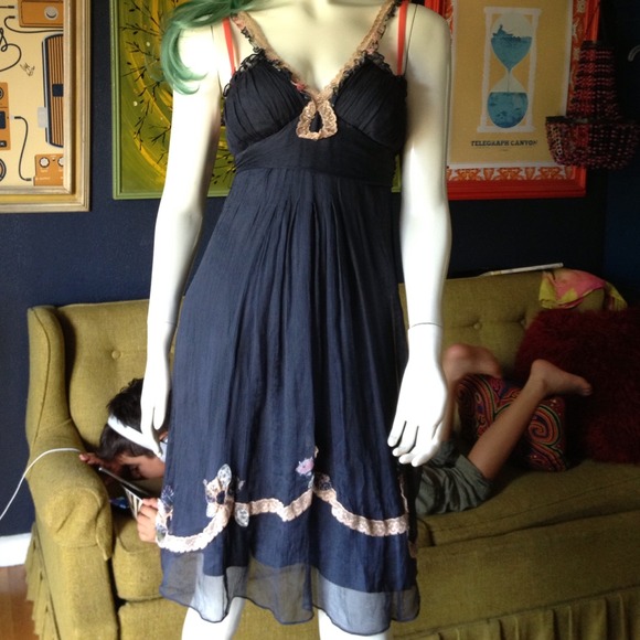 SOLD Ethereal Boho Navy Silk Dress lace n floral