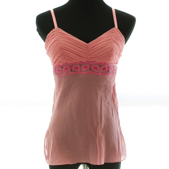 BEBE pink and peach beaded & embroidered silk tank