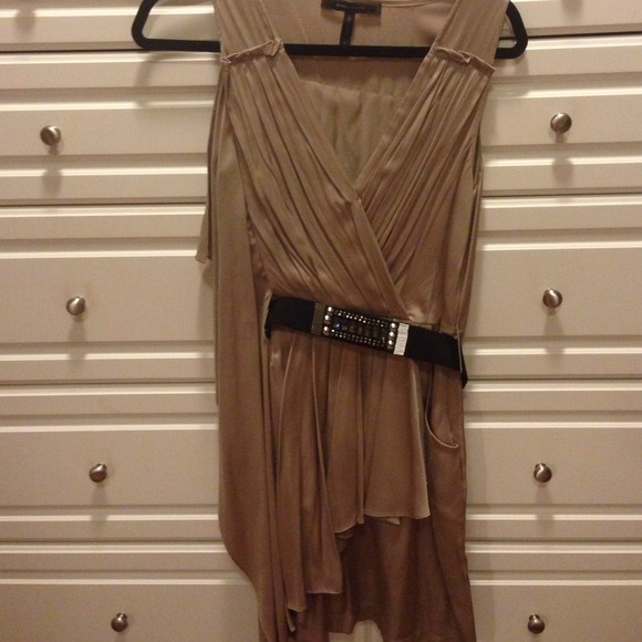 Nude silk dress with black belt