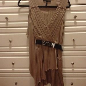 Nude silk dress with black belt