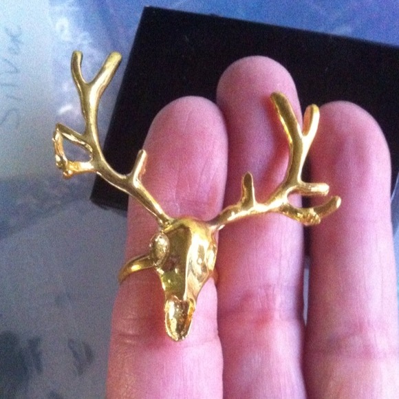 ❤️💍OH DEER❗️GOLDEN DEER 🦌 ELK HEAD LONG HORNS ADJUSTABLE RING