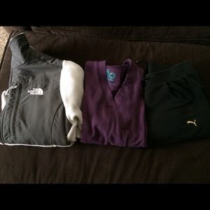The north face Denali, purple hoodie, puma sweats