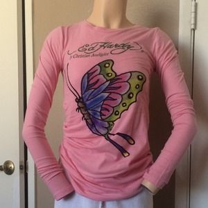 Ed Hardy Butterfly Design Pink Cotton Tee NEW