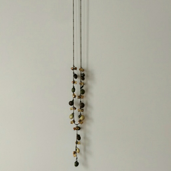 Long green gold brown lariat necklace