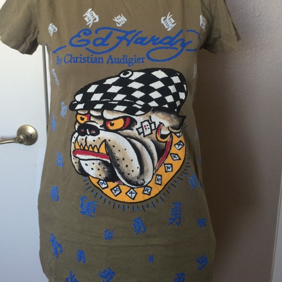 Ed Hardy T-Shirt BullDog Design NEW Olive Green