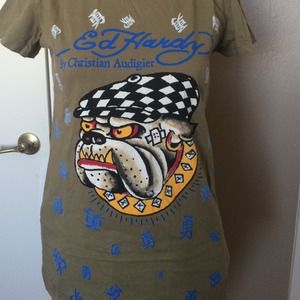 Ed Hardy T-Shirt BullDog Design NEW Olive Green