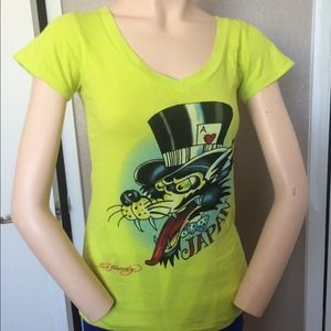 Ed Hardy V Neck Tshirt Lime Green 'Japan' Design