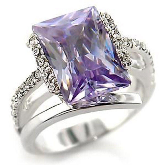 Rhodium Plated Purple CZ Cocktail Ring - Picture 1 of 1