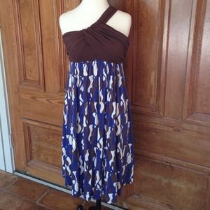 One-Shoulder Blue and Brown Dress