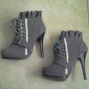 Grey Fur Trim Ruffle Lace Up Ankle Boots