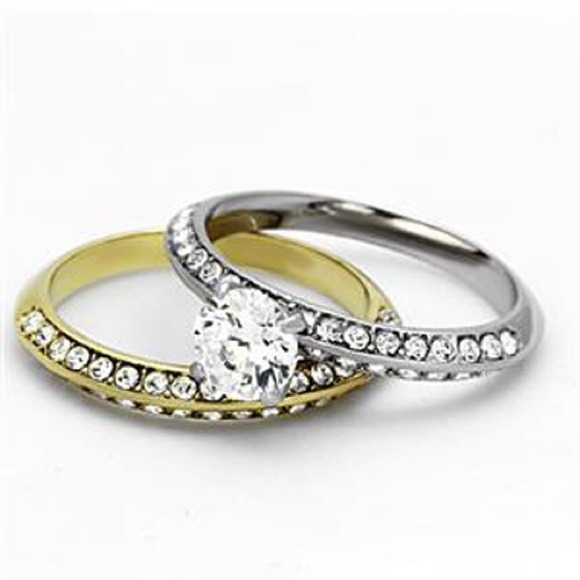 Two-tone stainless steel CZ ring set - Picture 1 of 3