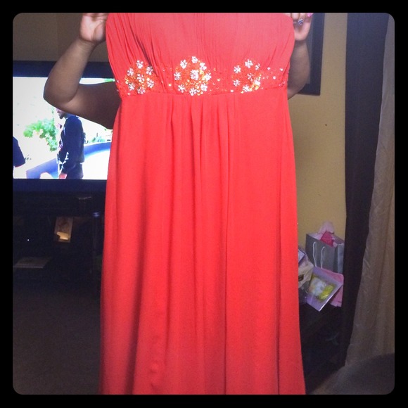 Strapless hot orange prom or wedding dress