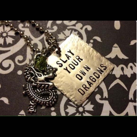 Slay your own dragons silver tone  necklace