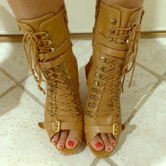 Mid-Calf Lace-Up Open Toe Booties in Tan