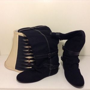 Black light wool knee high wedge boots