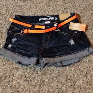 Brand new, dark washed distressed shorts