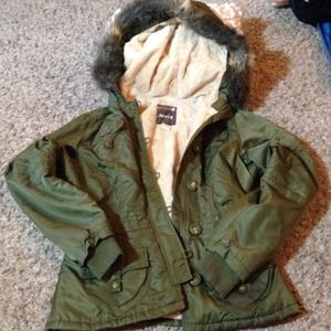 Army green faux fur lined winter jacket