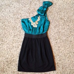 One shoulder teal and black dress