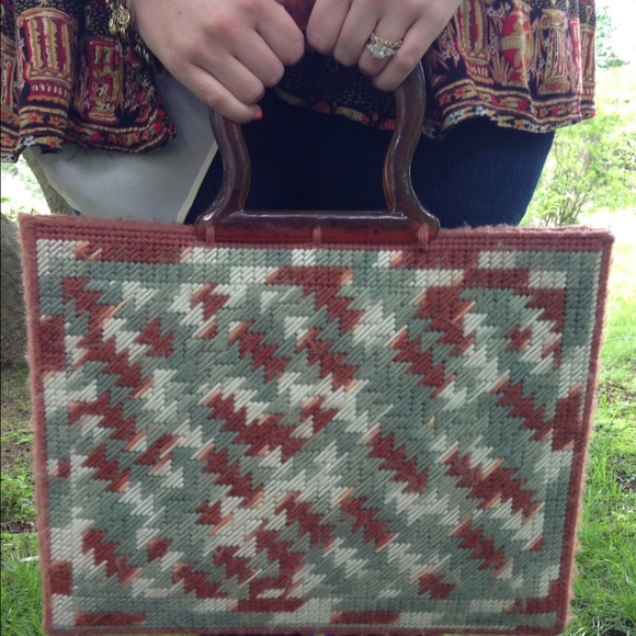 70's Woven Mustard, Teal, White Patterned Box Bag