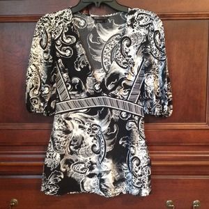 BCBG Black and white V-neck top.