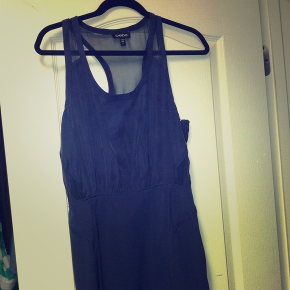 BEBE navy blue silk dress. worn once. Sheer panel