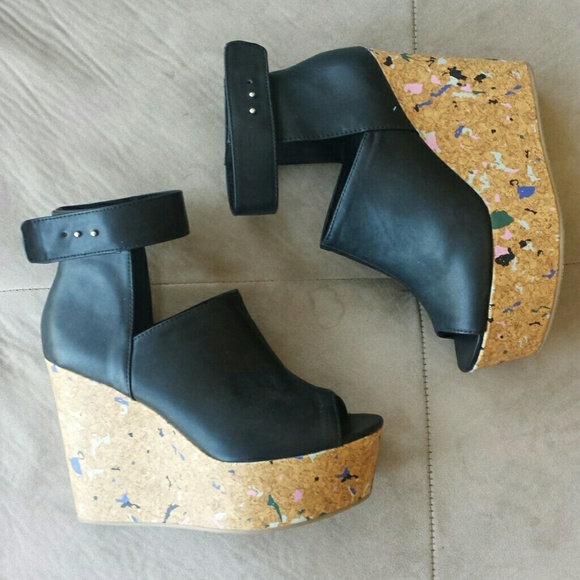 H&M Black Leather Pastel Speckled Cork Wedges