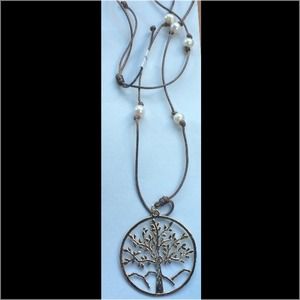 Tree of Life gold plated leather necklace w/pearls