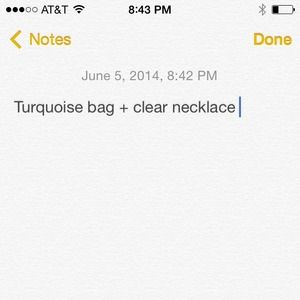 Turquoise bag + clear necklace for @megbarter