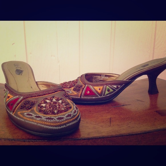 Price drop! Beaded satin heeled slides