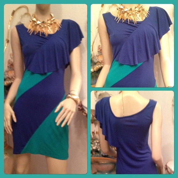 Blue and Green Color Blocking with Ruffle - Picture 1 of 3