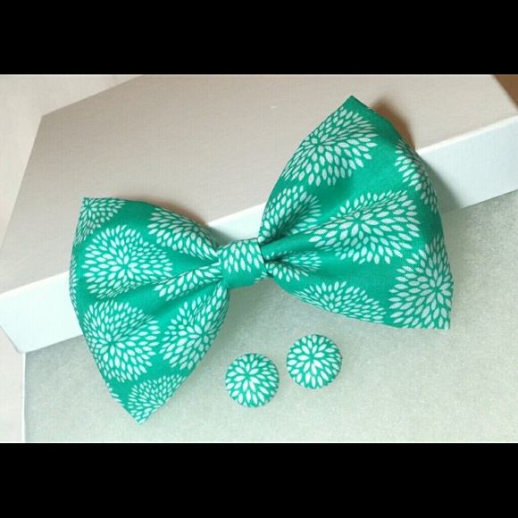 Turquoise Dandelion Hair Bow w/ Matching Earrings - Picture 1 of 2