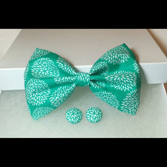 Turquoise Dandelion Hair Bow w/ Matching Earrings - Picture 2 of 2